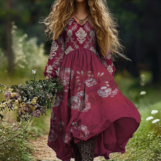 Bohemian - Vintage Floral Print Dress